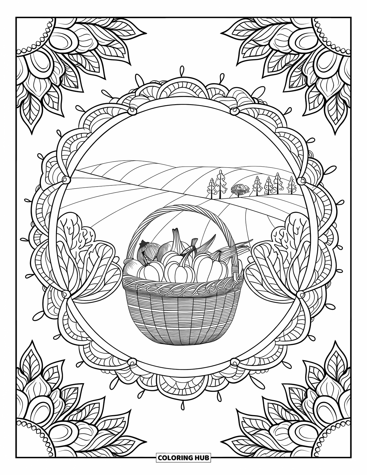 Fall Mandala Coloring Page for Adults: Harvest basket framed by flowers and hills in the distance