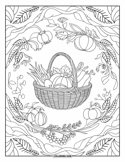 Coloriage de mandala d'automne pour adultes : Panier de récolte entouré d'un mandala floral et feuillu