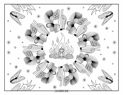 Coloriage de mandala d'automne pour adultes : Des lanternes et des brindilles brillent dans un mandala d'étoiles, papillons de nuit et aiguilles de pin