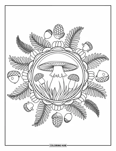 Coloriage de mandala d'automne pour adultes : Mandala avec un chapeau de champignon, des frondes de fougère, des pommes de pin et des glands