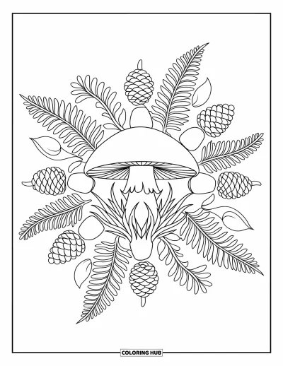Coloriage de mandala d'automne pour adultes : Chapeau de champignon au centre d'un mandala botanique forestier