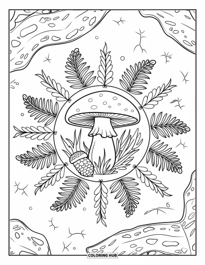 Coloriage de mandala d'automne pour adultes : Mandala de champignon avec des éléments forestiers sur un sol texturé