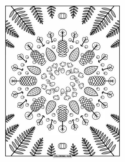Coloriage de mandala d'automne pour adultes : Des champignons, fougères et baies tourbillonnent dans un mandala rustique de sous-bois