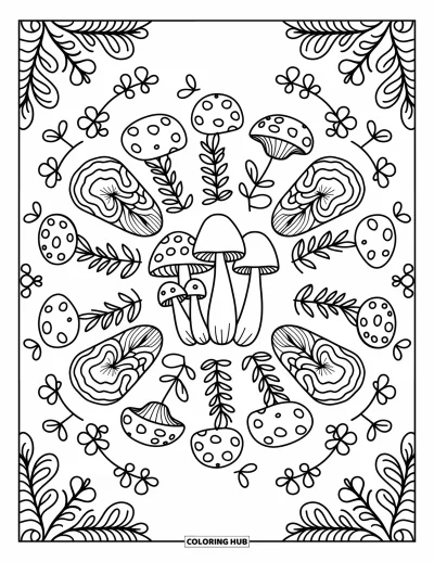 Coloriage de mandala d'automne pour adultes : Des champignons, lianes et fougères dansent dans des couches de mandala fantaisistes