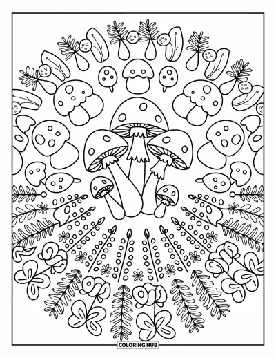 Coloriage de mandala d'automne pour adultes : Des champignons espiègles, des trèfles et des fougères forment un mandala forestier tout douillet