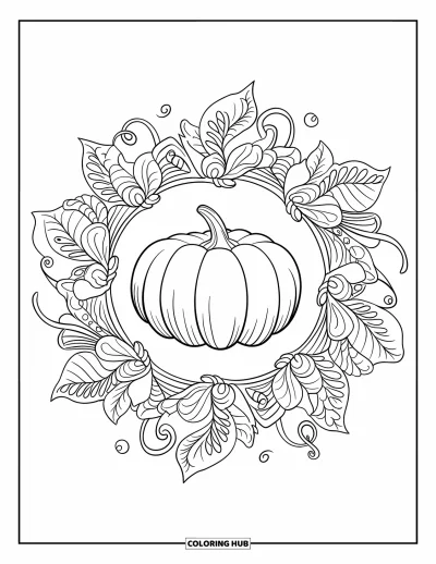Coloriage de mandala d'automne pour adultes : Citrouille au cœur d'un mandala botanique feuillu et tourbillonnant