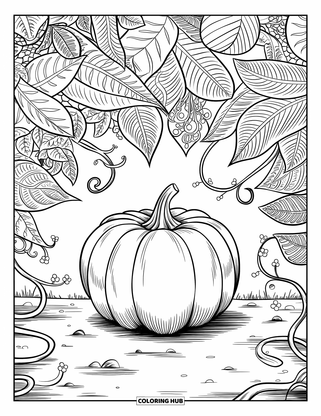 Fall Mandala Coloring Page for Adults: Pumpkin on the ground wrapped in floral mandala layers and vines