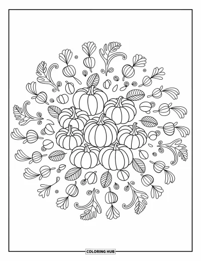Coloriage de mandala d'automne pour adultes : Des vrilles de citrouille et des bottes de foin s'enroulent autour de petites courges dans un mandala chaleureux