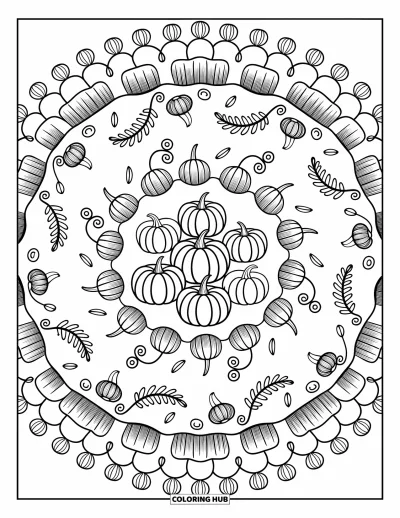 Coloriage de mandala d'automne pour adultes : Des lianes de citrouille et bottes de foin se torsadent en un mandala douillet de récolte automnale