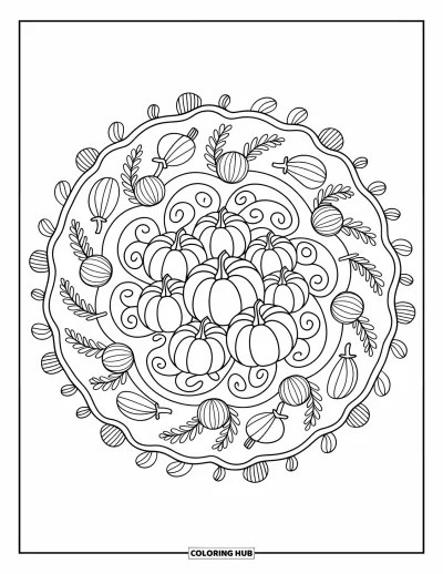 Coloriage de mandala d'automne pour adultes : Des citrouilles, courges et lianes tourbillonnantes forment un mandala doux aux couches délicates