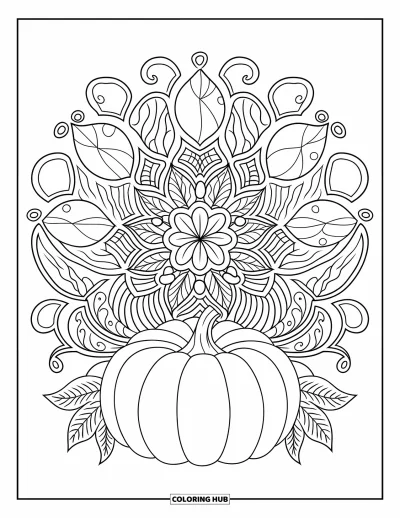 Coloriage de mandala d'automne pour adultes : Citrouille réaliste entourée de feuilles et lianes ondulantes en mandala