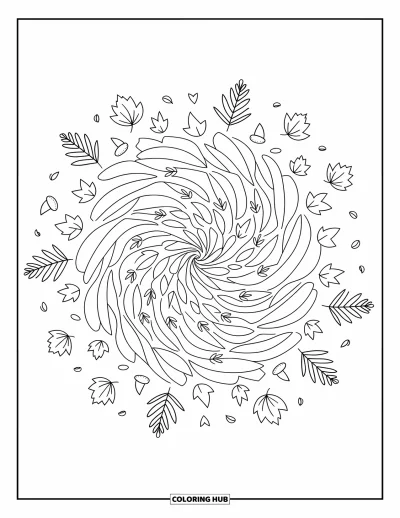 Coloriage de mandala d'automne pour adultes : Des feuilles en spirale, des glands et des tourbillons de vent composent un mandala d'automne tout en légèreté