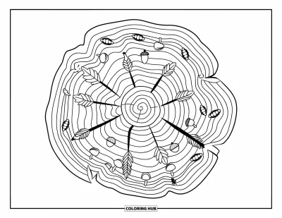 Coloriage de mandala d'automne pour adultes : Souche avec des anneaux feuillus, de petits glands et des champignons sur fond épuré