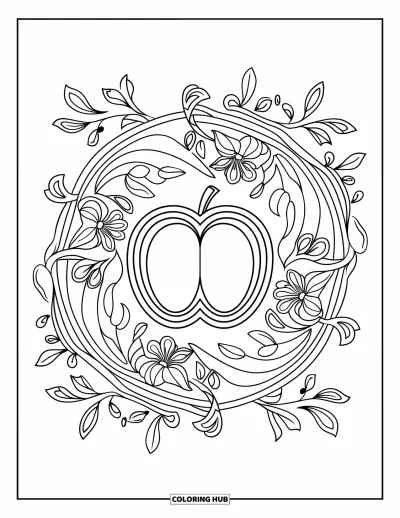 Coloriage de mandala d'automne pour adultes : Tranche de pomme stylisée avec des anneaux de mandala floraux et feuillus