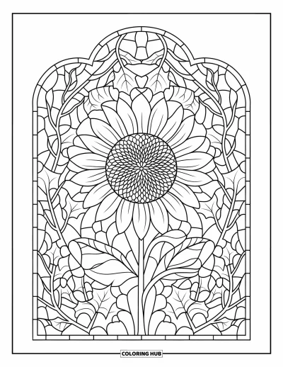 Coloriage de mandala d'automne pour adultes : Tournesol aux feuilles d'automne symétriques façon vitrail