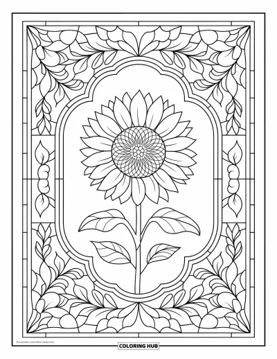 Coloriage de mandala d'automne pour adultes : Tournesol au cœur de motifs d'automne façon vitrail