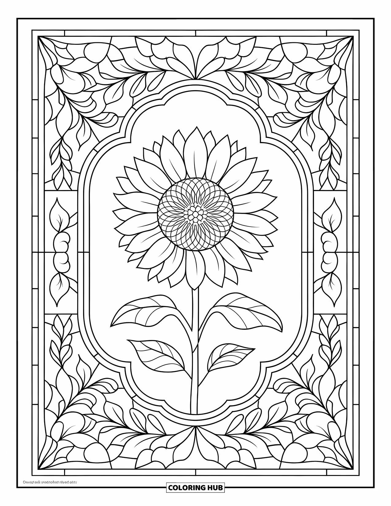 Fall Mandala Coloring Page for Adults: Sunflower in the center of stained glass-style fall patterns