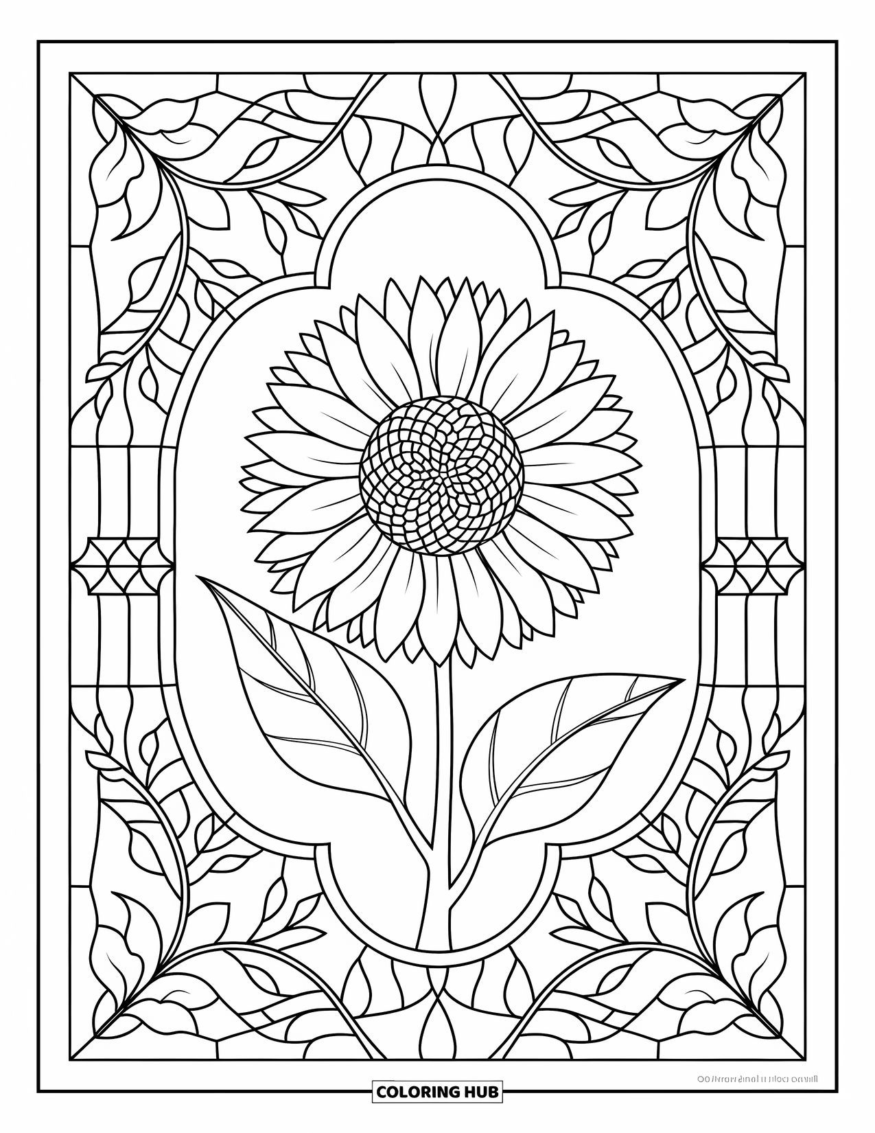 Fall Mandala Coloring Page for Adults: Sunflower surrounded by stained glass-style fall leaves and twigs