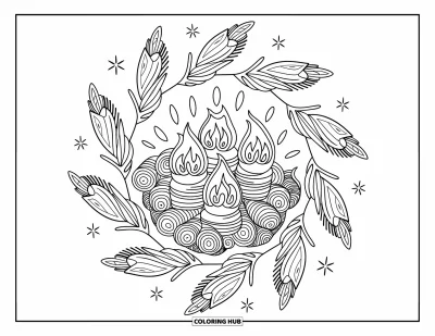 Coloriage de mandala d'automne pour adultes : Des flammes de lanternes et du bois empilé composent un mandala d'automne tout en douceur