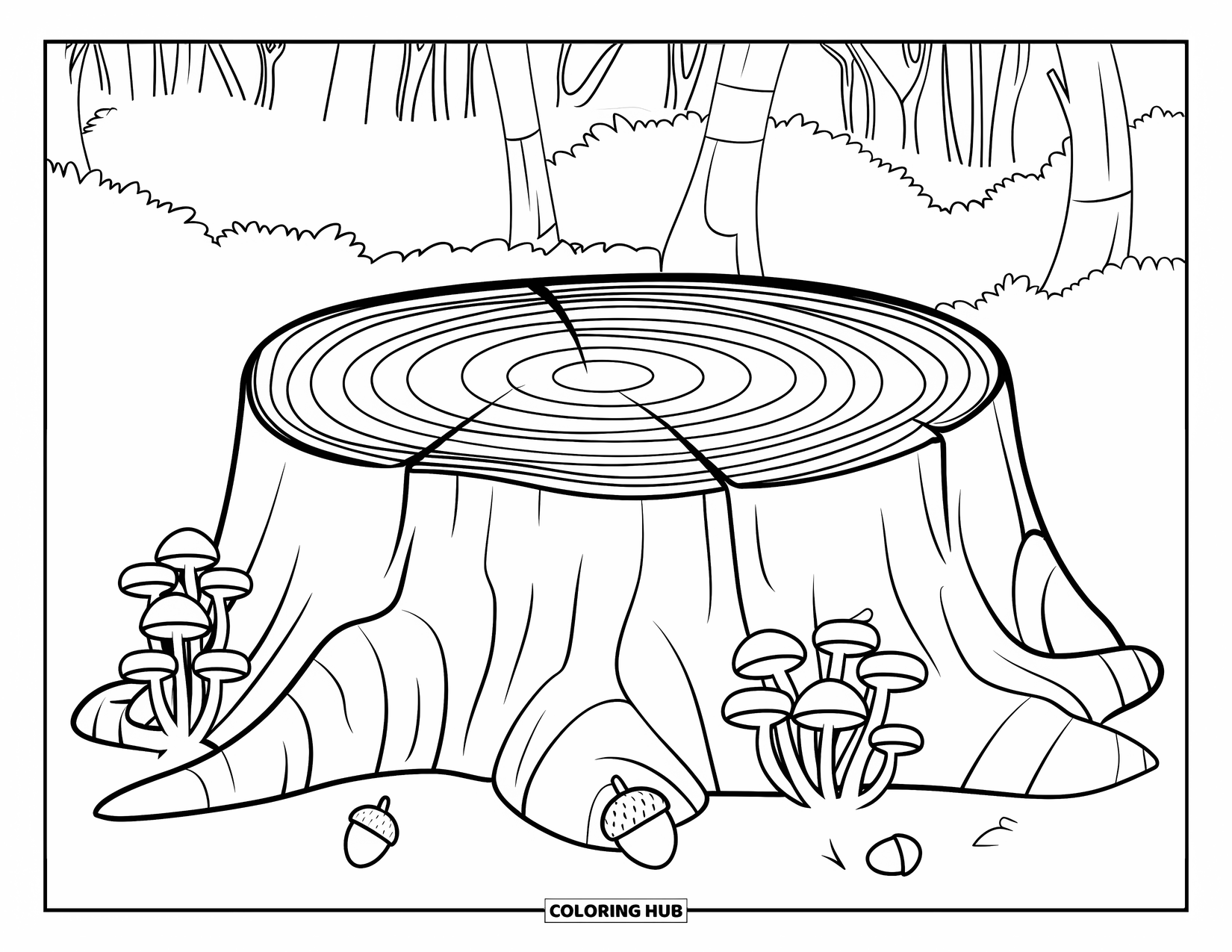 Fall Mandala Coloring Page for Adults: Tree stump with acorns, mushroom clusters, and forest trees
