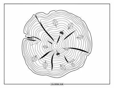 Coloriage de mandala d'automne pour adultes : Souche d'arbre avec des nervures de feuilles, glands et groupes de champignons tout autour
