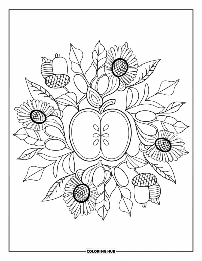 Coloriage de mandala d'automne pour enfants : Cœur de pomme au centre avec feuilles, glands et boutons de tournesol en anneaux de mandala