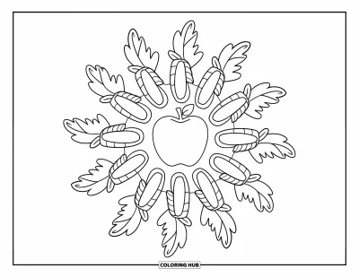Coloriage de mandala d'automne pour enfants : Mandala de pomme encadré de feuilles de chêne et enveloppes de maïs