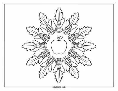 Coloriage de mandala d'automne pour enfants : Pomme au centre avec des anneaux alternés d'enveloppes de maïs et feuilles de chêne