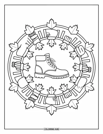 Coloriage de mandala d'automne pour enfants : Botte d'automne entourée de couches de vêtements chauds et de feuilles