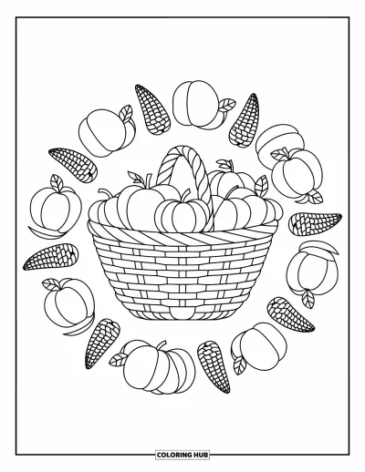 Coloriage de mandala d'automne pour enfants : Panier de récolte entouré d'anneaux de pommes, citrouilles et épis de maïs