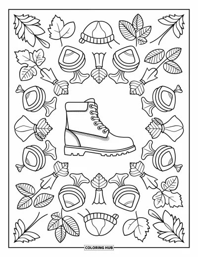 Coloriage de mandala d'automne pour enfants : Botte au centre avec écharpes, chapeaux, gants et feuilles formant un mandala