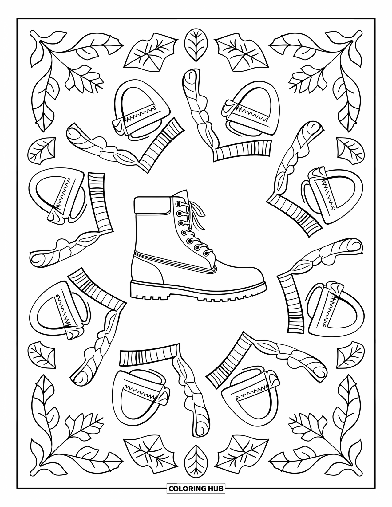 Fall Mandala Coloring Page for Kids: Boot in the middle with swirling fall clothing and leaves