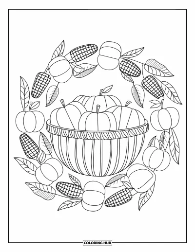 Coloriage de mandala d'automne pour enfants : Mandala botanique avec pommes, maïs et citrouilles issus d'un panier de récolte