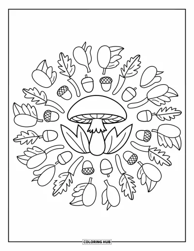 Coloriage de mandala d'automne pour enfants : Mandala circulaire avec chapeau de champignon et éléments d'automne tourbillonnants
