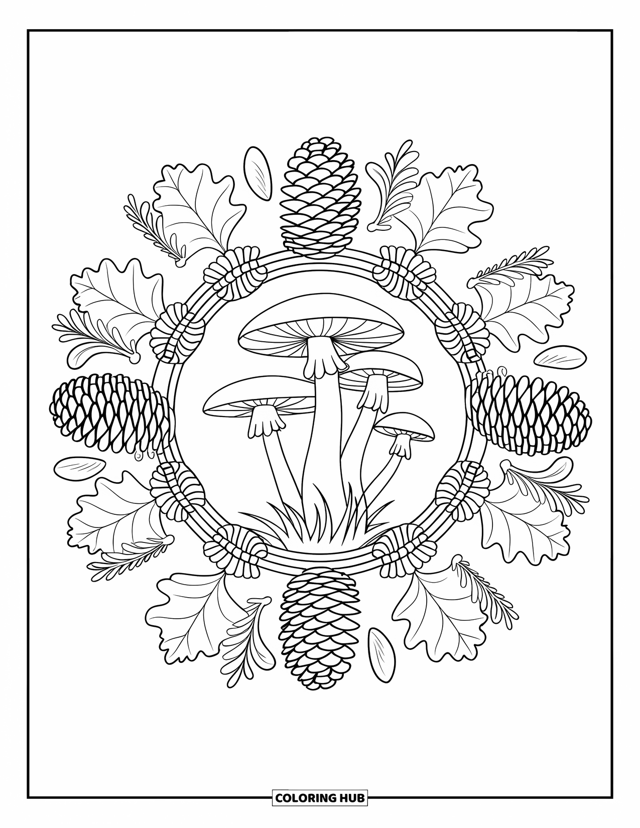 Fall Mandala Coloring Page for Kids: Cluster of mushrooms framed by mandala rings of pinecones and leaves