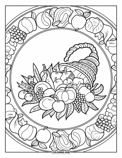 Coloriage de mandala d'automne pour enfants : Corne d'abondance au centre avec fruits et légumes en symétrie de mandala
