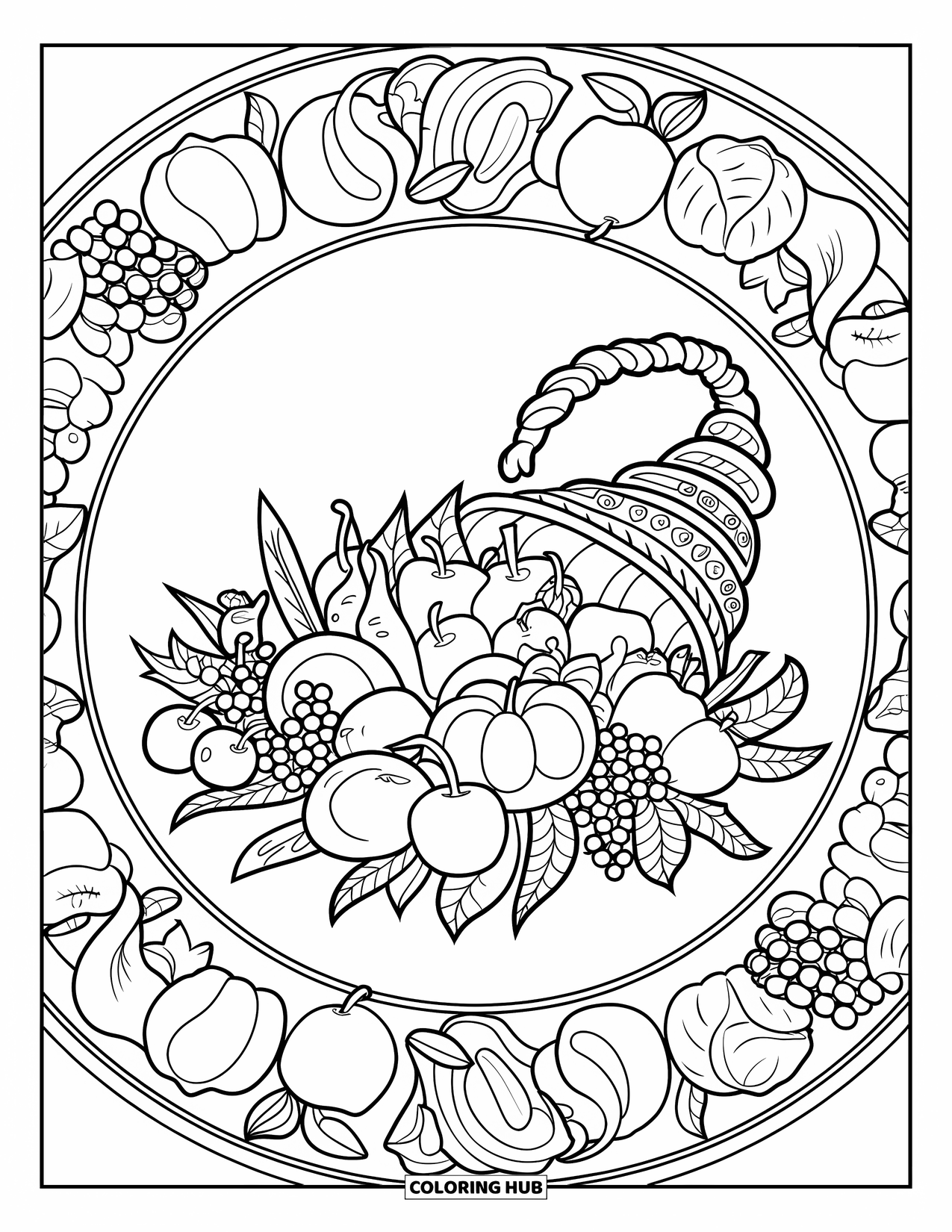 Fall Mandala Coloring Page for Kids: Cornucopia in center with fruits and vegetables in mandala symmetry