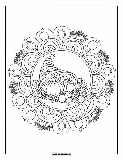 Coloriage de mandala d'automne pour enfants : Corne d'abondance entourée d'anneaux complets de fruits et éléments d'automne
