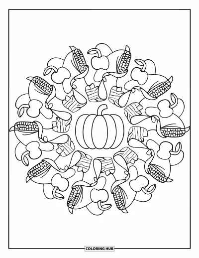 Coloriage de mandala d'automne pour enfants : Mandala pleine page avec des champignons, pommes, épis de maïs et citrouille