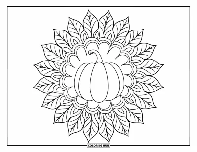 Coloriage de mandala d'automne pour enfants : Courge entourée de couches de feuilles d'automne en forme de mandala