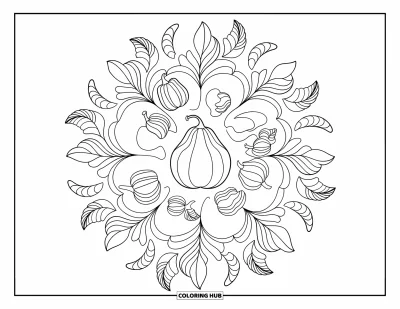 Coloriage de mandala d'automne pour enfants : Courge avec des couches de feuilles formant un mandala d'automne circulaire