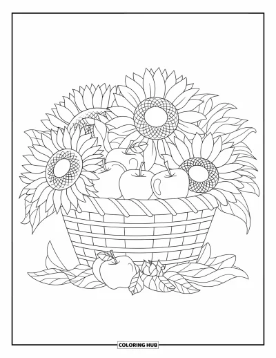 Coloriage de mandala d'automne pour enfants : Panier de récolte de tournesols et pommes en mandala