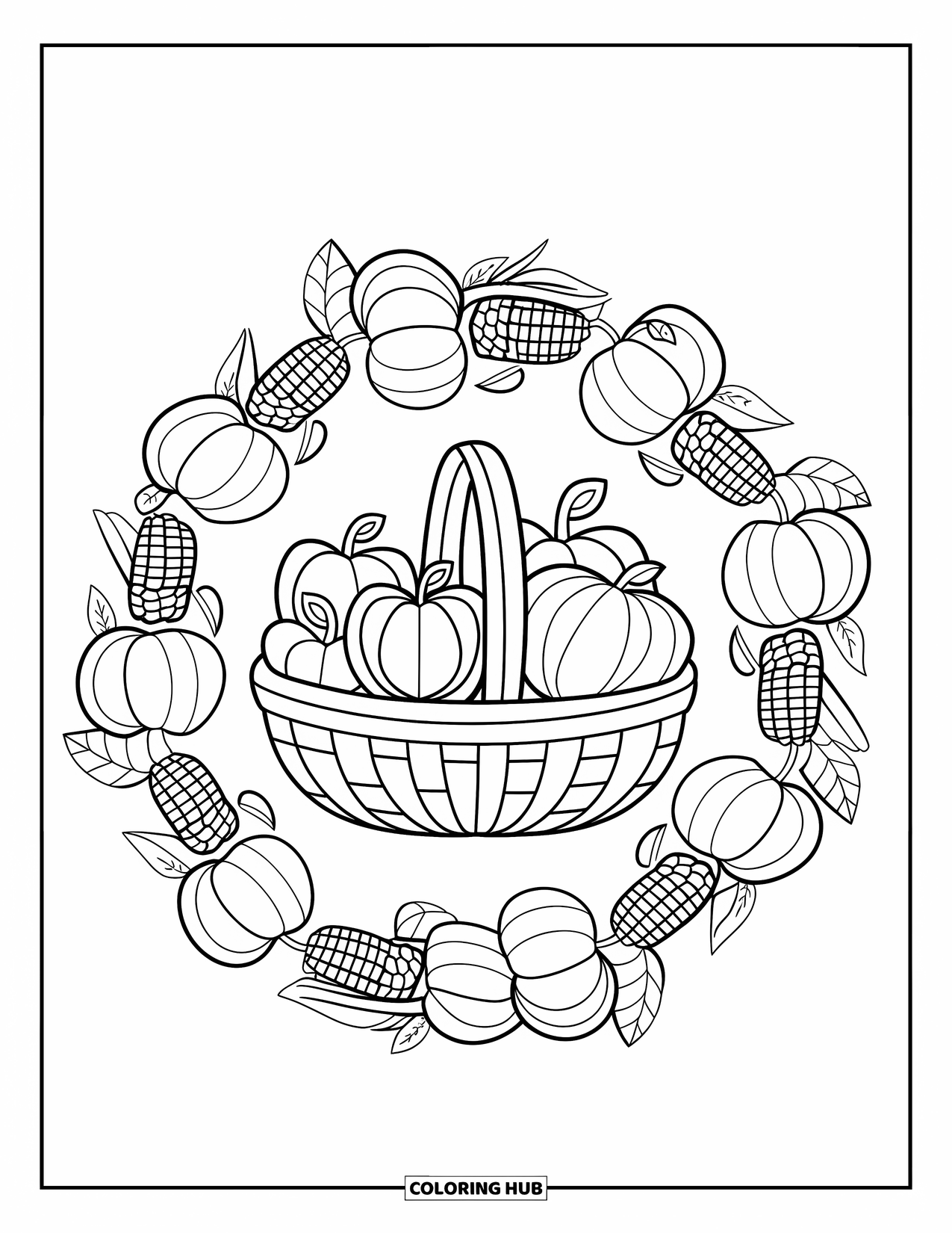 Fall Mandala Coloring Page for Kids: Harvest basket with apples, pumpkins, and corn forming mandala rings
