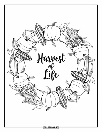 Coloriage de mandala d'automne pour enfants : Mandala sur le thème de la récolte avec pommes, citrouilles et maïs autour du texte "Harvest of Life"