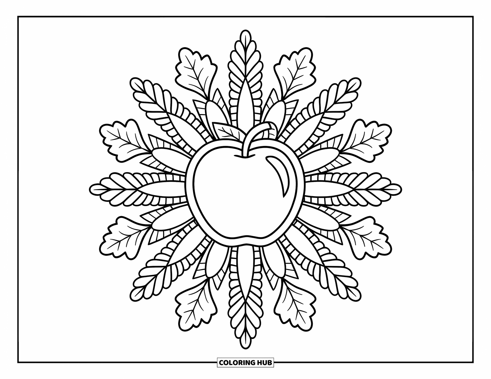 Fall Mandala Coloring Page for Kids: Large apple surrounded by mandala layers of corn husks and oak leaves