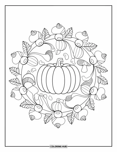 Coloriage de mandala d'automne pour enfants : Courges, champignons et glands superposés encadrant une citrouille centrale