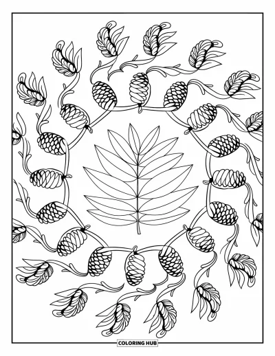 Coloriage de mandala d'automne pour enfants : Feuilles au centre avec des volutes de pommes de pin et branches formant un mandala