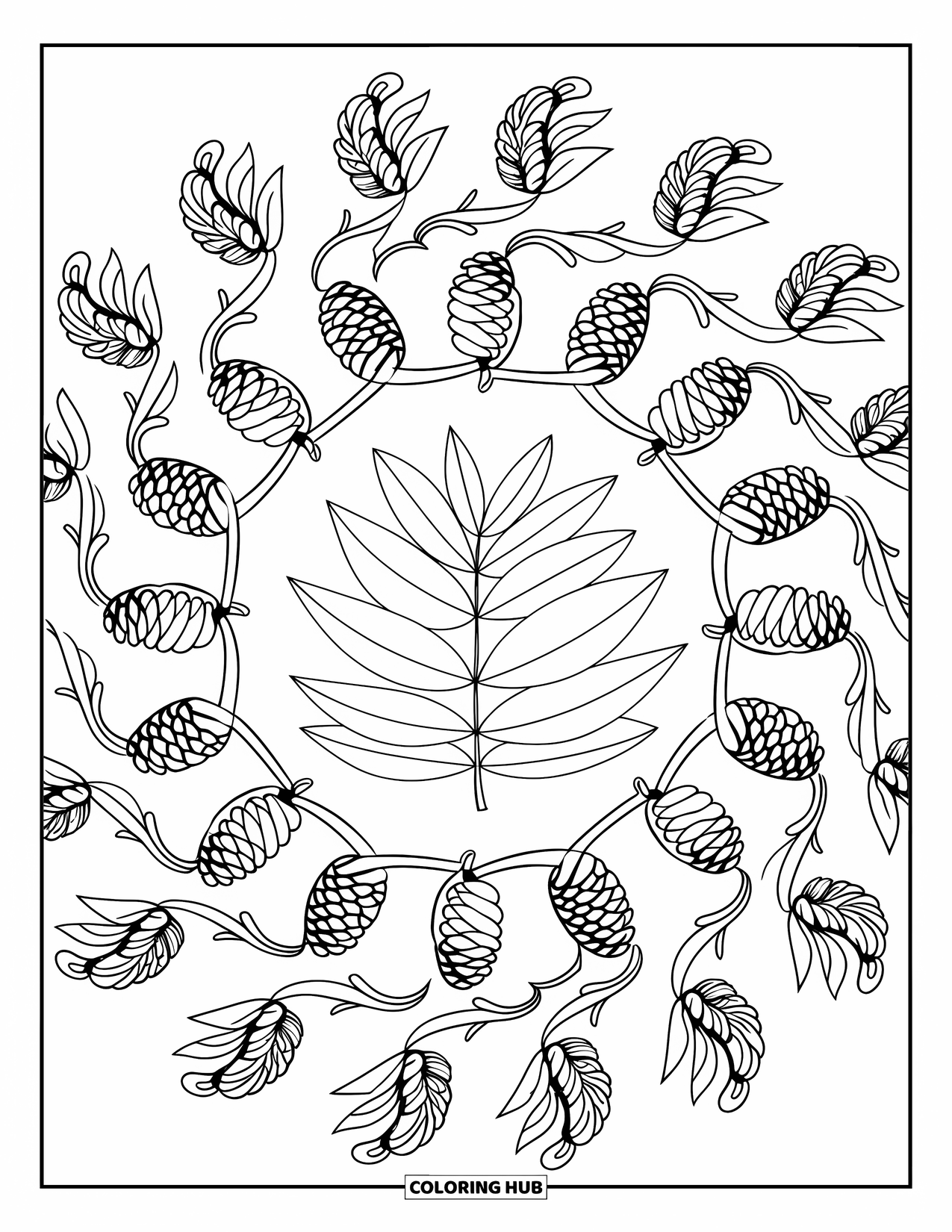 Fall Mandala Coloring Page for Kids: Leaves at center with pinecone curls and branches forming a mandala