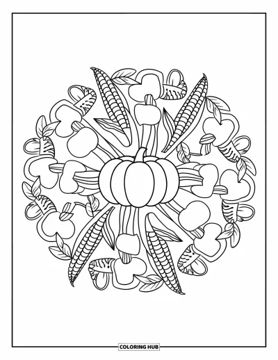Coloriage de mandala d'automne pour enfants : Mandala de citrouille, champignons, pommes et épis de maïs