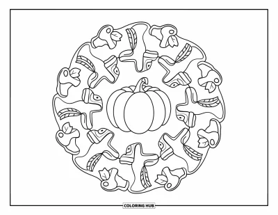 Coloriage de mandala d'automne pour enfants : Mandala avec une tranche de citrouille, des champignons, des bottes et des feuilles